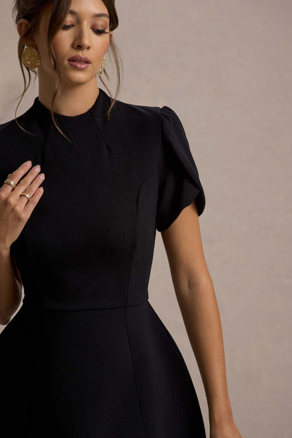 Carabella Black High Neck Short Sleeve Mini Dress