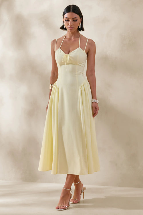 Audrey Lemon Sweetheart Neck Midi Dress With Ruching Detail