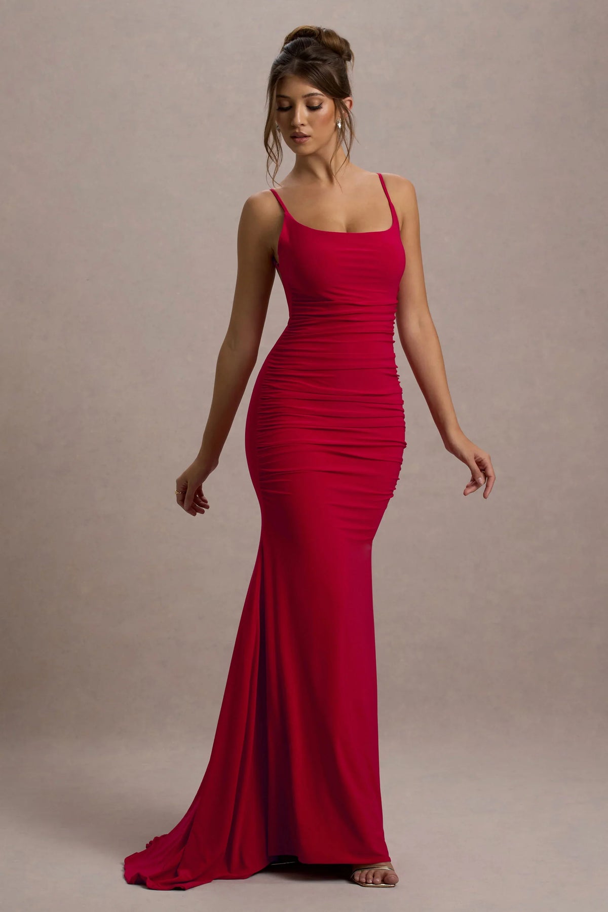 Adele Red Ruched Fishtail Cami Maxi Dress