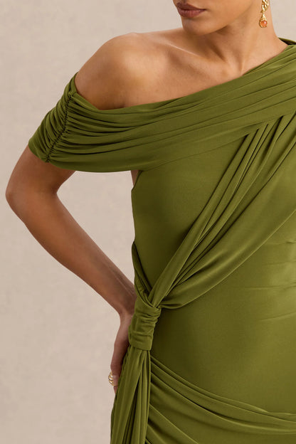 Avialee Green Asymmetric Neck Maxi Dress With Gathered Detailing And Sash
