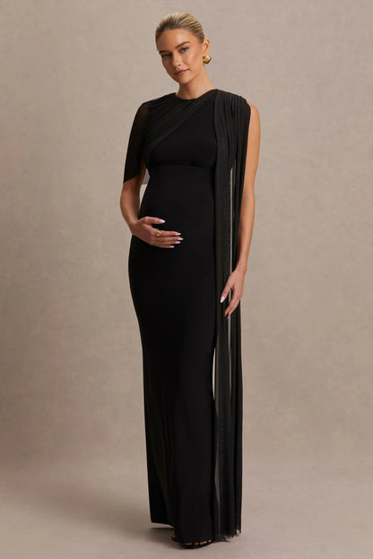 Amelise Black High Neck Maternity Maxi Dress With Mesh Cape Sleeve And Sash Detail