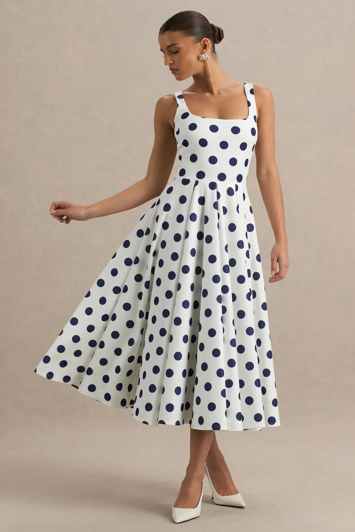 Berta White And Navy Polka Dot Square Neck Midi Dress