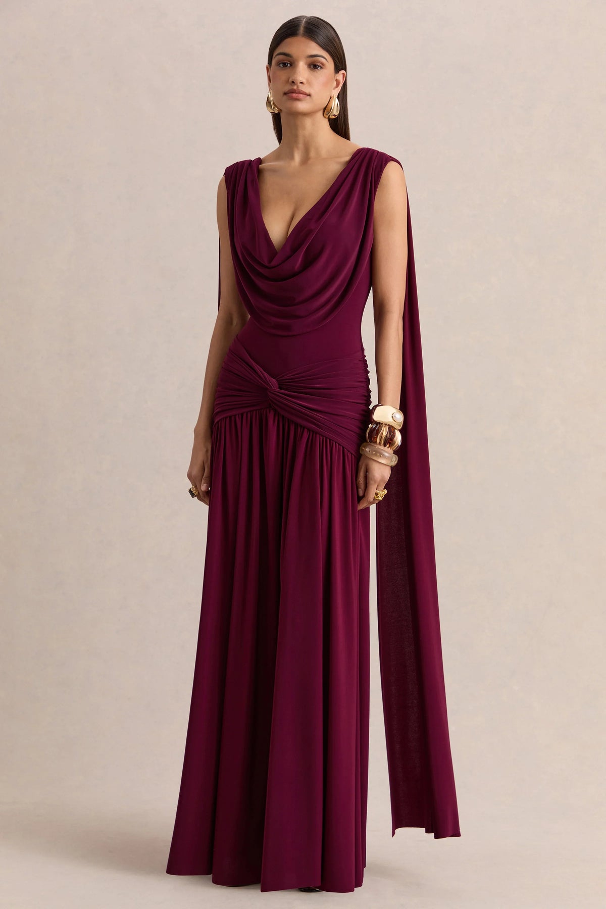 Amelisse Burgundy Plunge Neck Maxi Dress With Ruched Detailing