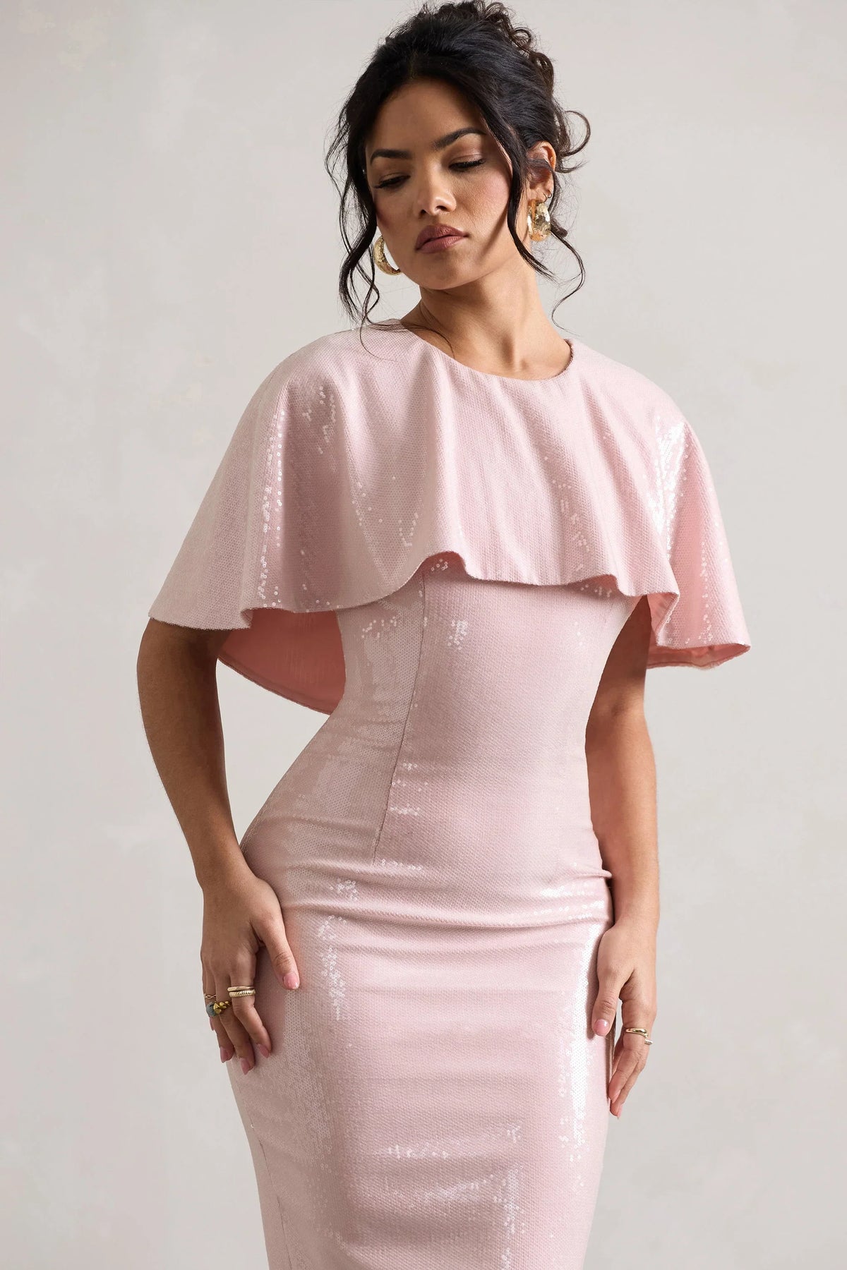 Amelie Pastel Pink Sequin Midi Dress With Cape