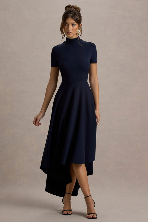 Bellona Navy High Neck High Low Midi Dress