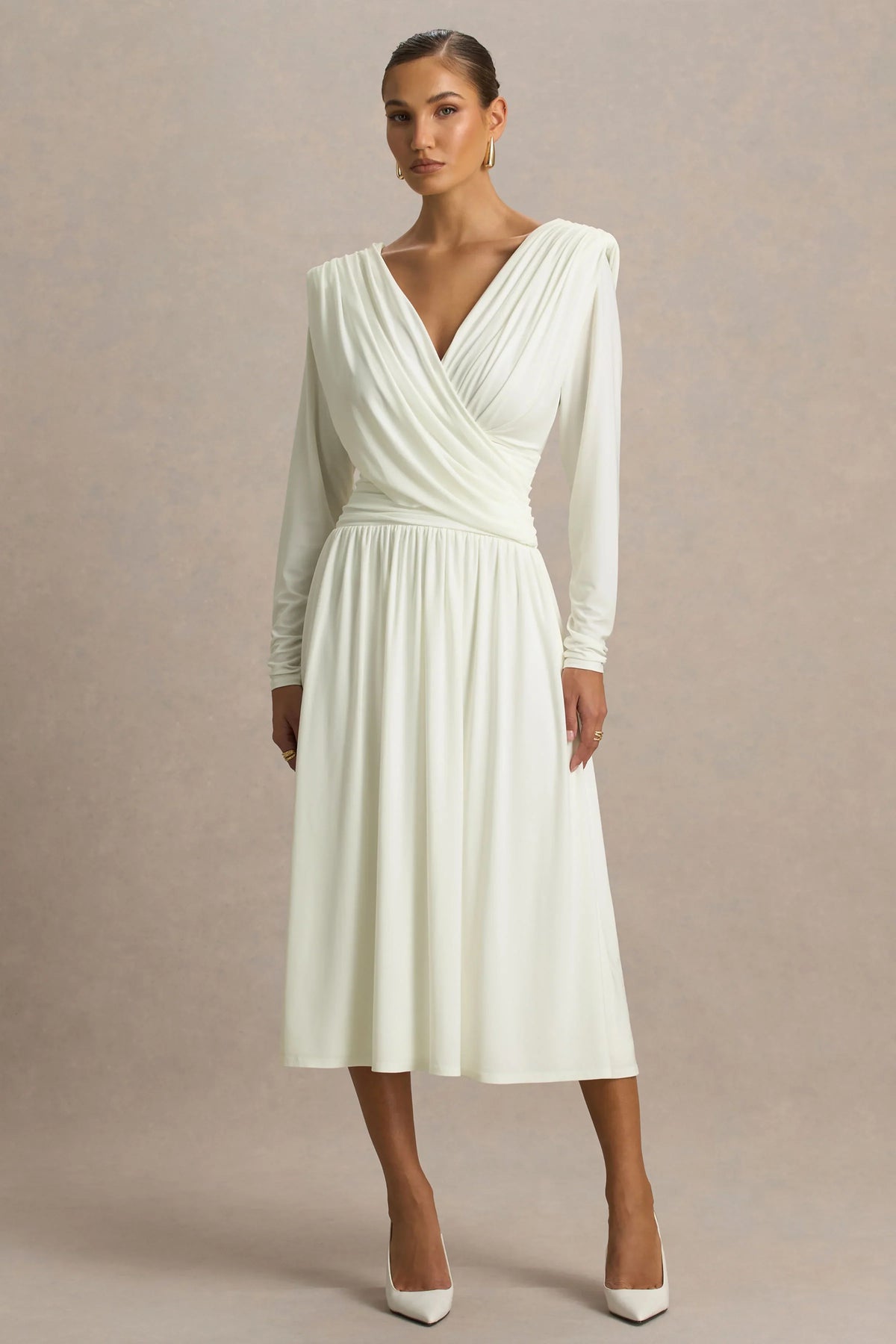 Alexis Cream Plunge Neck Midi Dress With Draped And Ruched Detailing