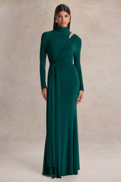 Alastrina Dark Green High Neck Maxi Dress With Gathered Detailing
