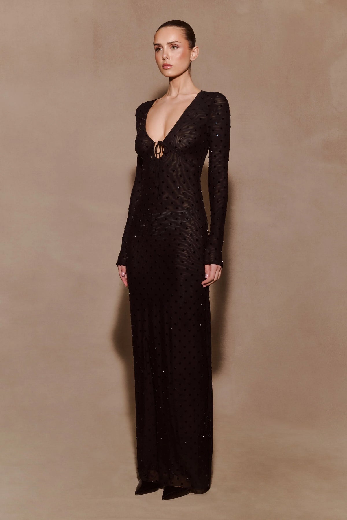 Acadia Diamante Long Sleeve Maxi Dress Black