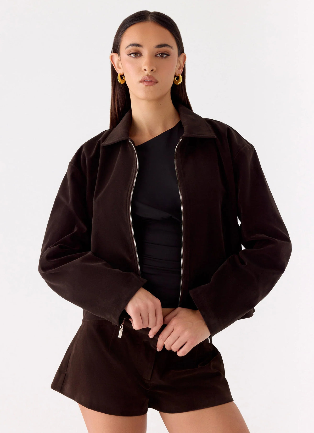 Austina Faux Suede Boxy Jacket Chocolate