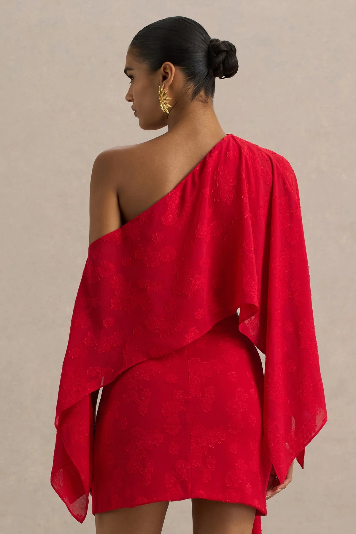Aruba Red Satin Devore Asymmetric Long Sleeve Crop Top