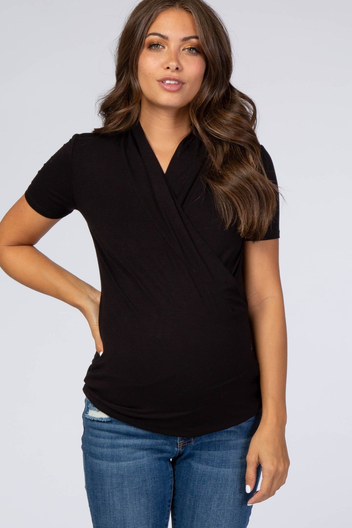 Black Solid Short Sleeve Wrap Front Maternity/Nursing Top