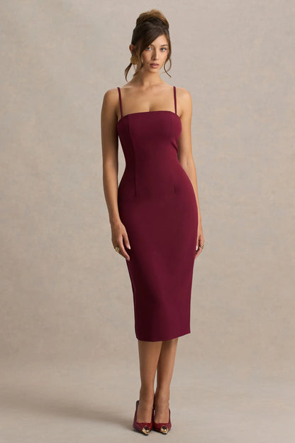 Baylor Burgundy Midi Dress With Removable Cape