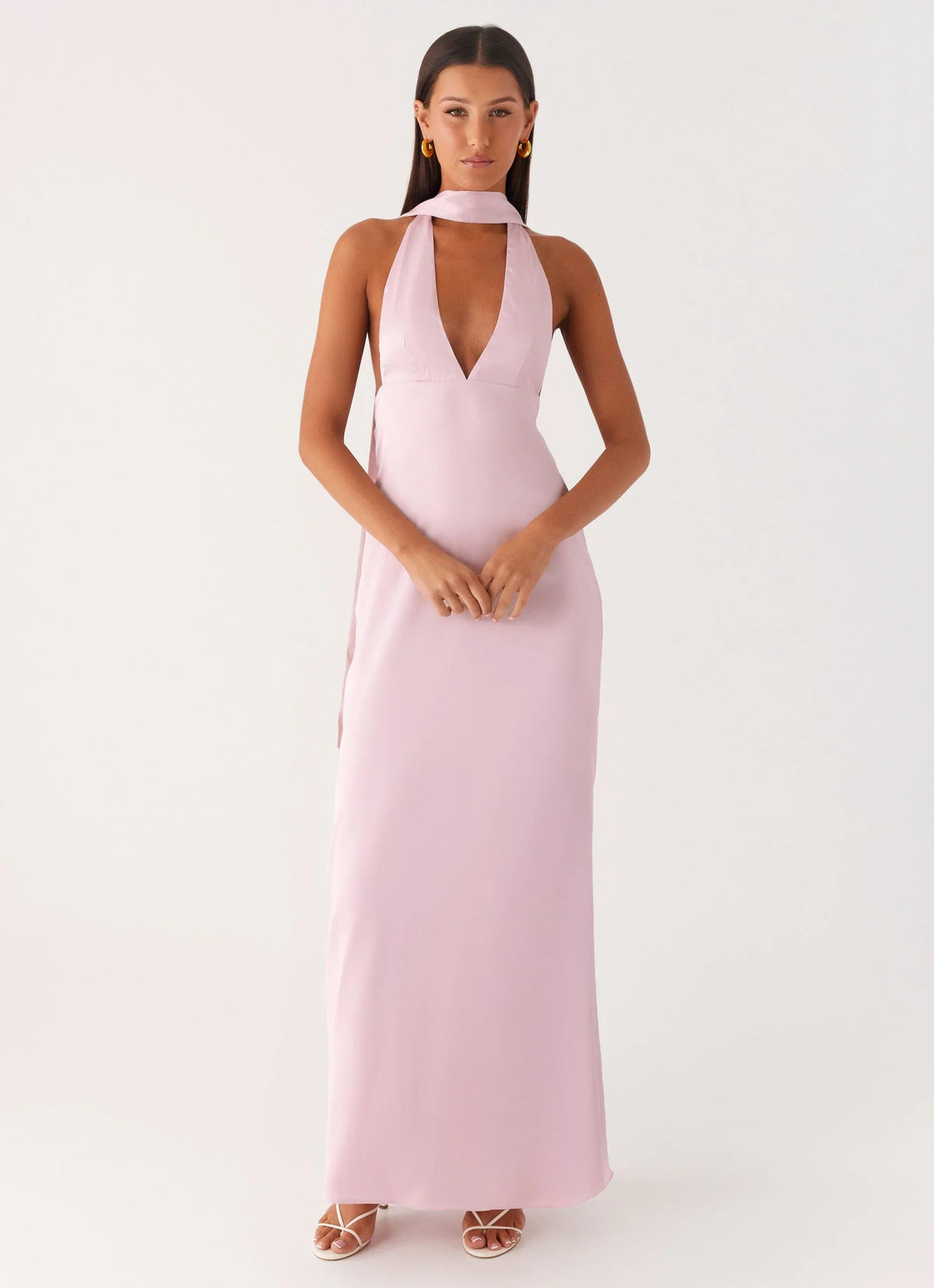 Alicia Satin Halter Maxi Dress Baby Pink