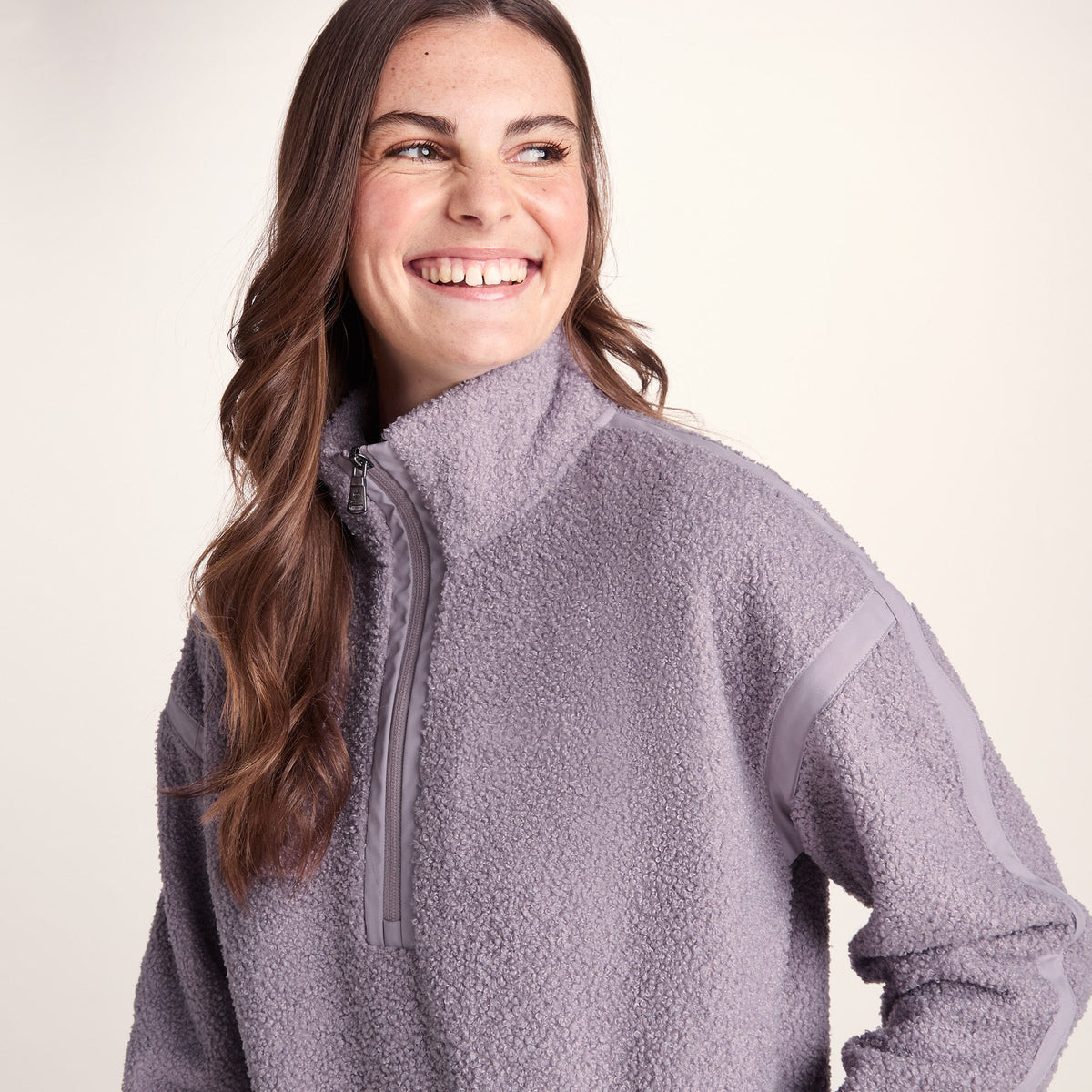 Priya Womens Relaxed Fit Sherpa Fleece Zip Neck - Lavender Grey