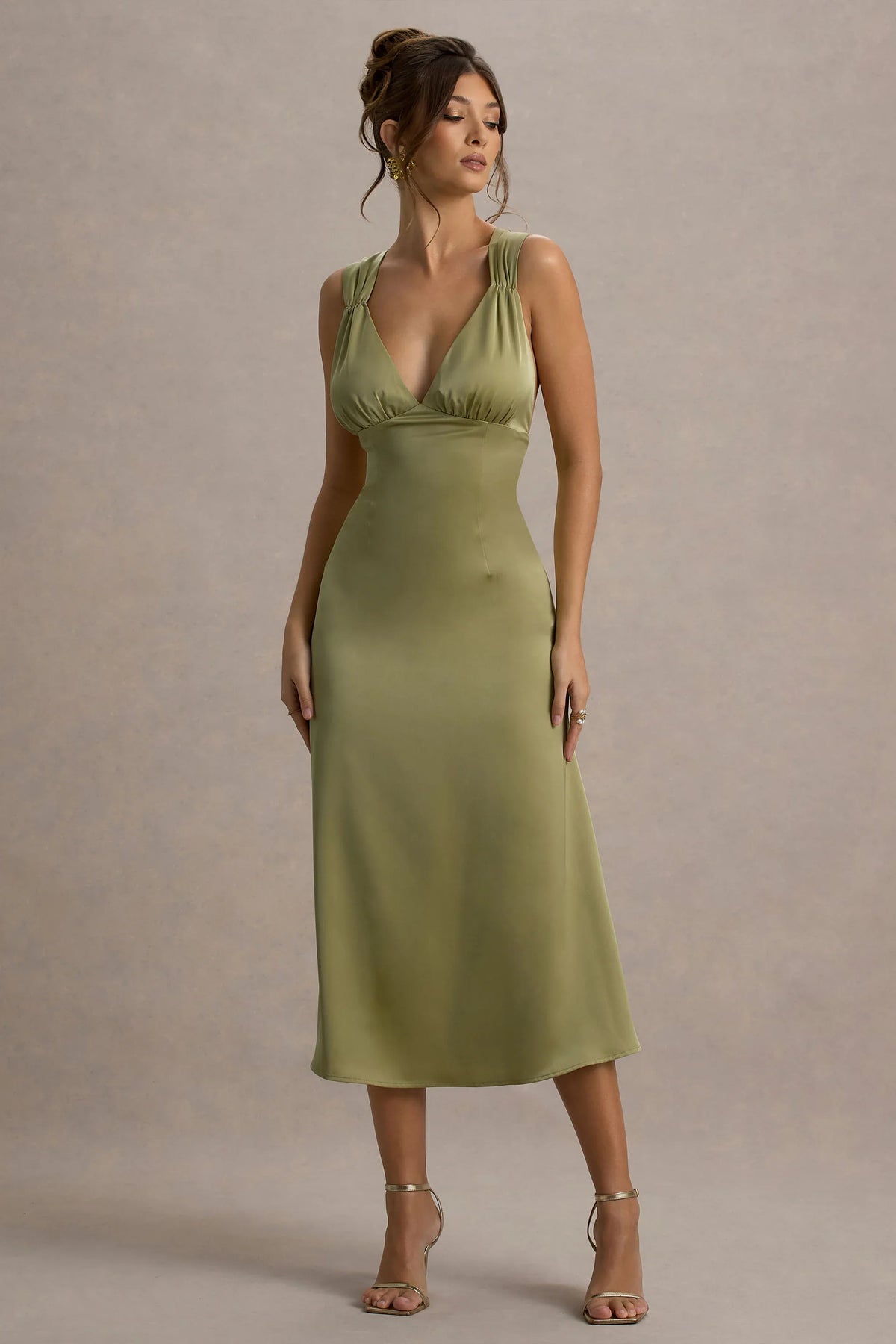 Beck Light Green Satin Plunge Neck Cross Back Midi Dress