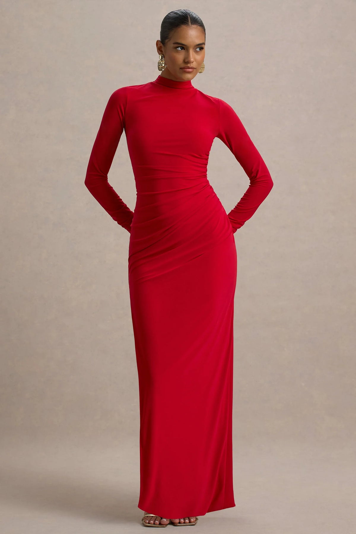 Alluring Red High Neck Maxi Dress With Ruched Detailing