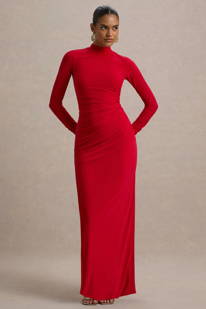 Alluring Red High Neck Maxi Dress With Ruched Detailing
