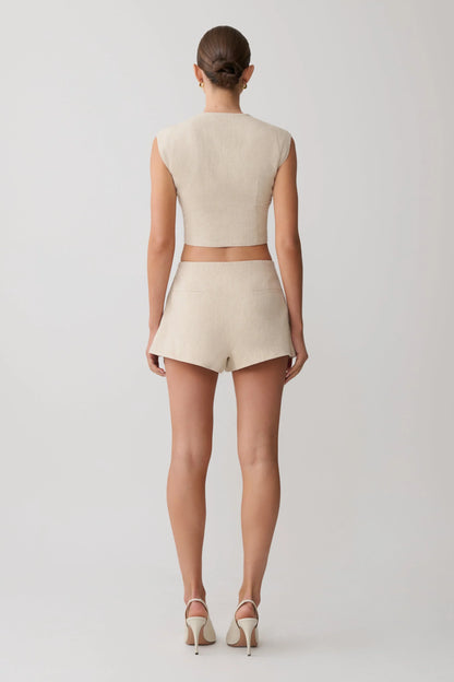 Anahita Linen Front Bows Short Sleeve Top Natural