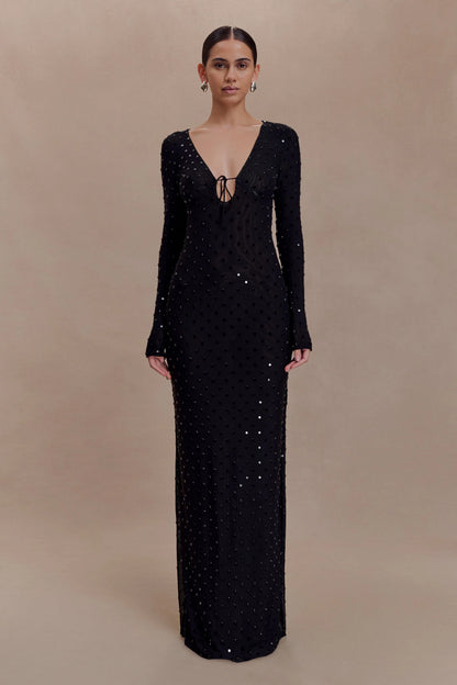 Acadia Diamante Long Sleeve Maxi Dress Black