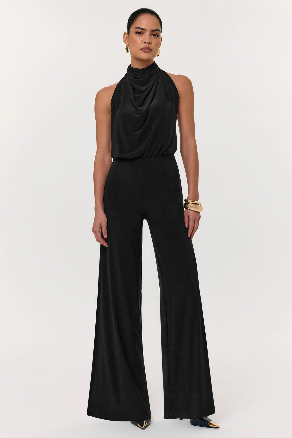Asha Black High Neck Jumpsuit With Ruched Detail