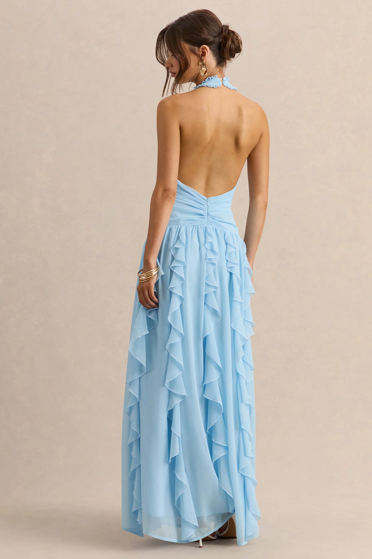 Bea Powder Blue Plunge Neck Ruffled Maxi Dress