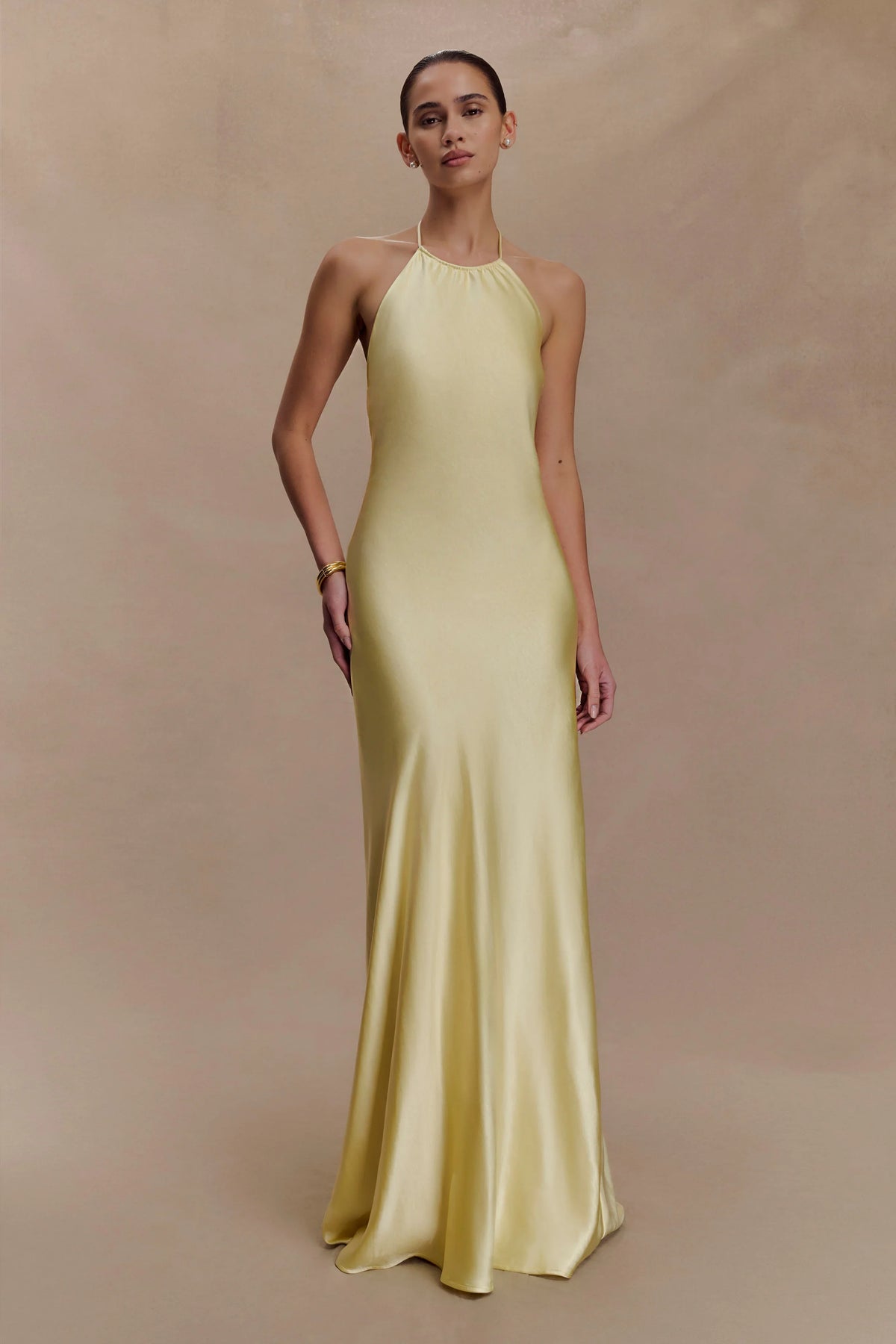 Bella Satin Halter Maxi Dress Lemon