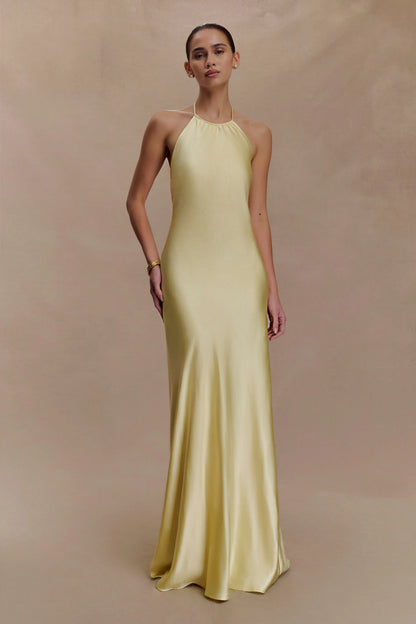 Bella Satin Halter Maxi Dress Lemon