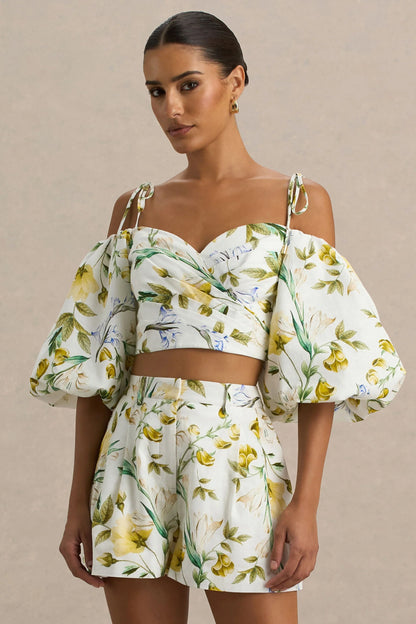 Amberly Lemon Floral Print Plunge Neck Ruffled Crop Top