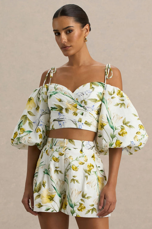 Amberly Lemon Floral Print Plunge Neck Ruffled Crop Top