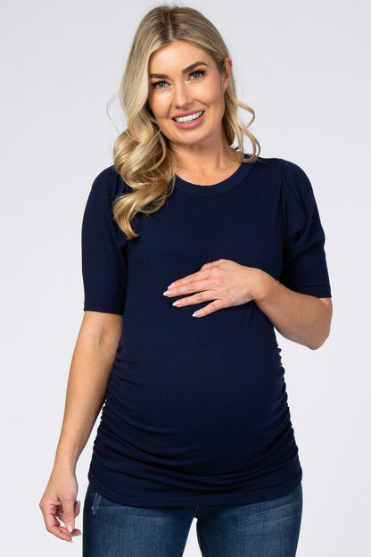 Navy Ribbed Ruched Fitted Maternity Top