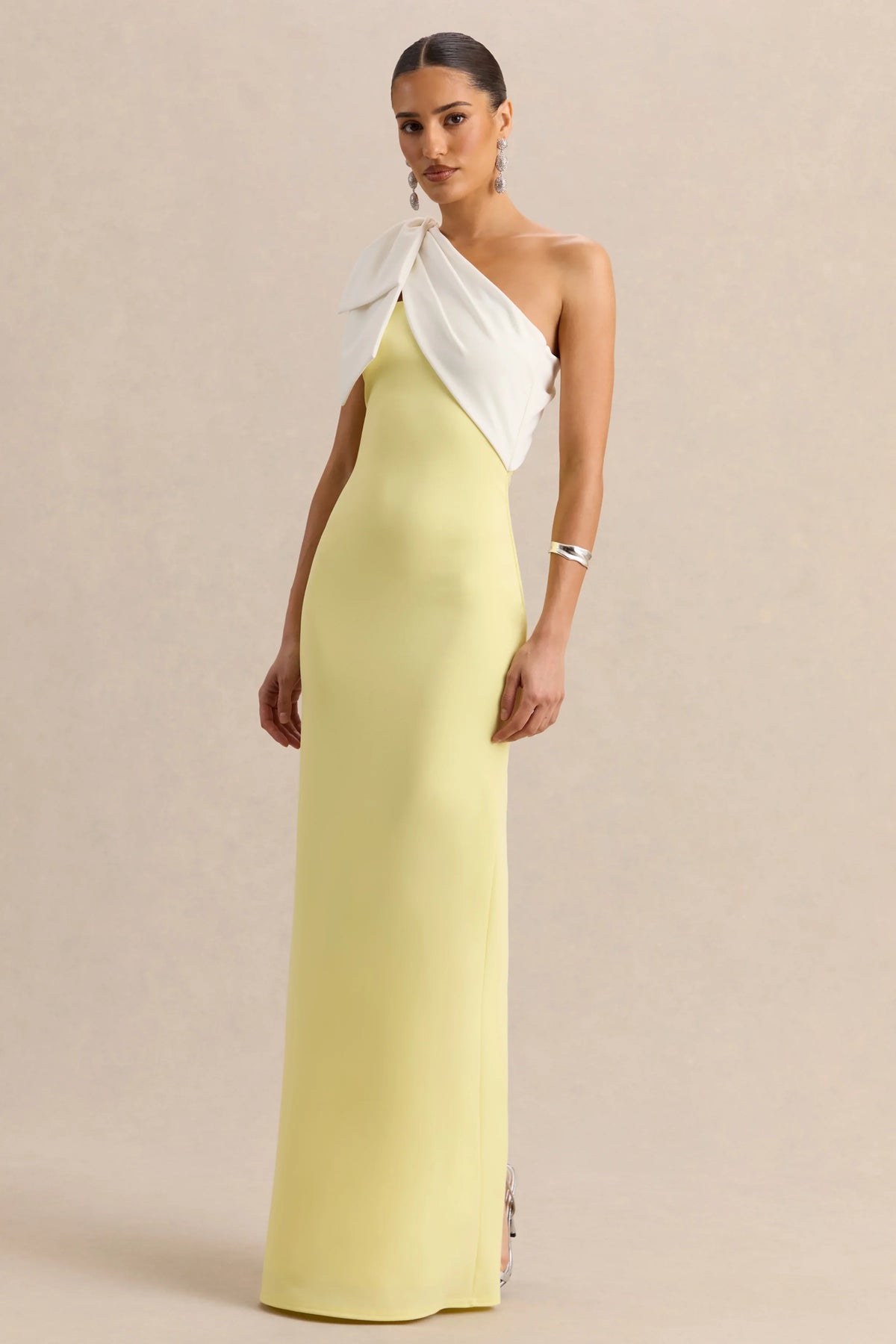 Adara Lemon White Asymmetric Neck Maxi Dress With Bow Detail