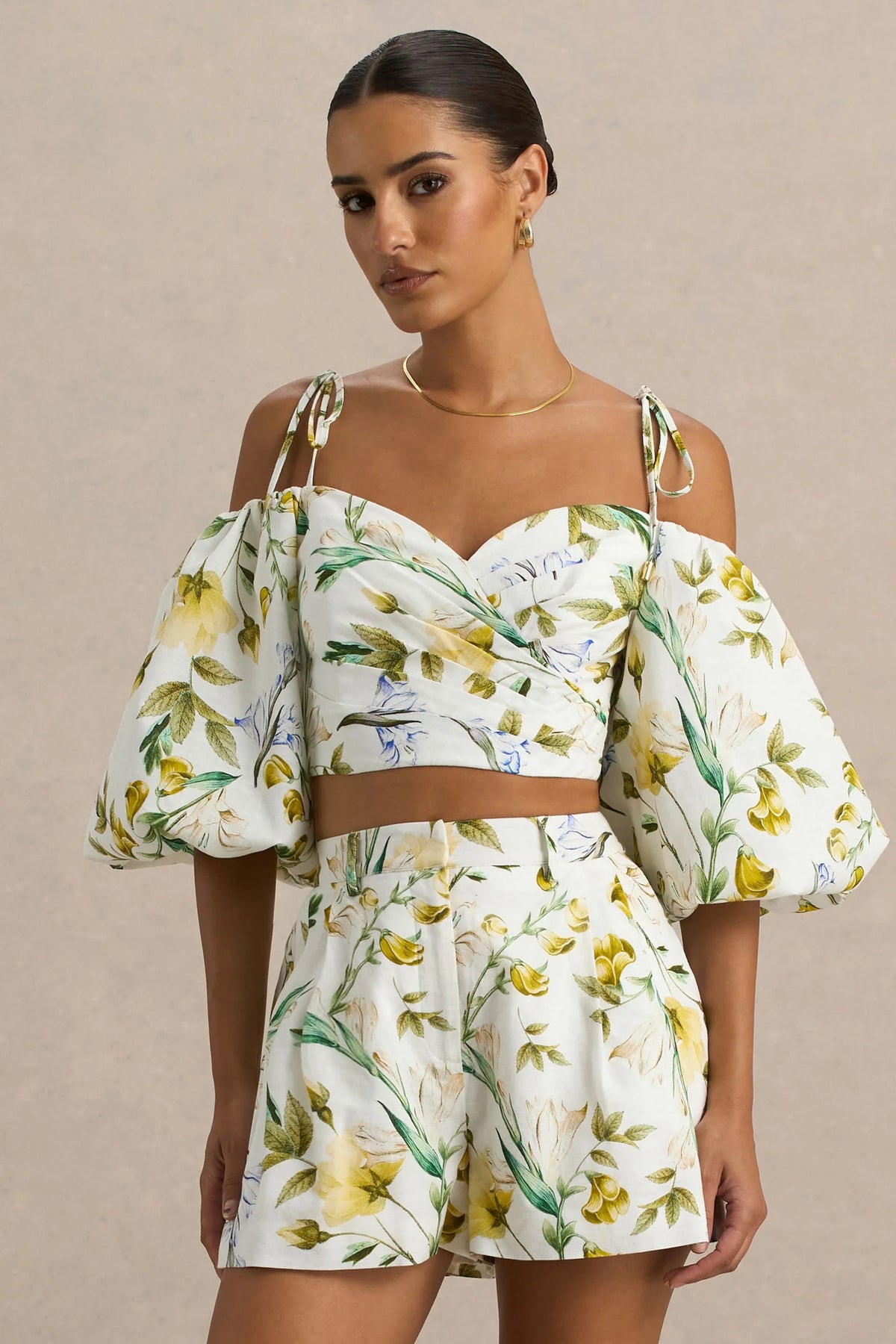 Amberly Lemon Floral Print Plunge Neck Ruffled Crop Top
