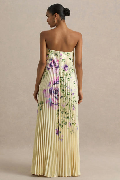Bergamot Lemon Rose Print Satin Sweetheart Maxi Dress
