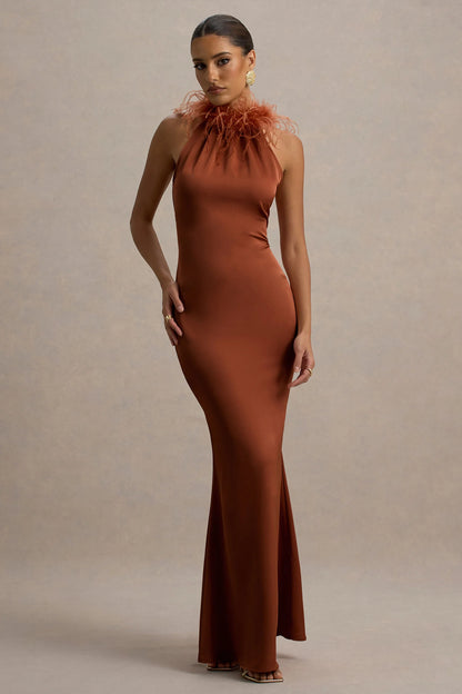 Bianca Rust Satin Feather Trim Maxi Dress