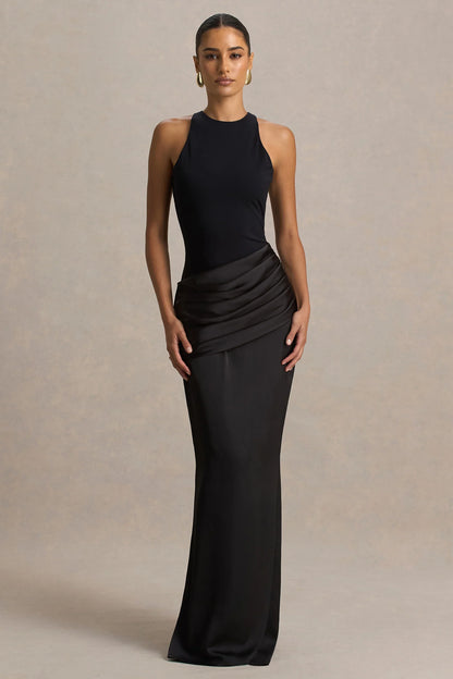 Akari Black Crew Neck Maxi Dress With Satin Skirt