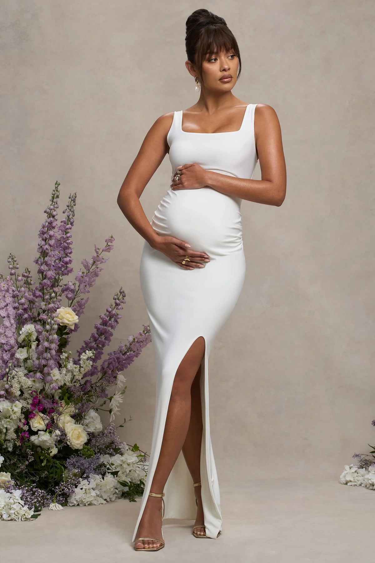 Avril White Square Neck Maternity Maxi Dress with Split