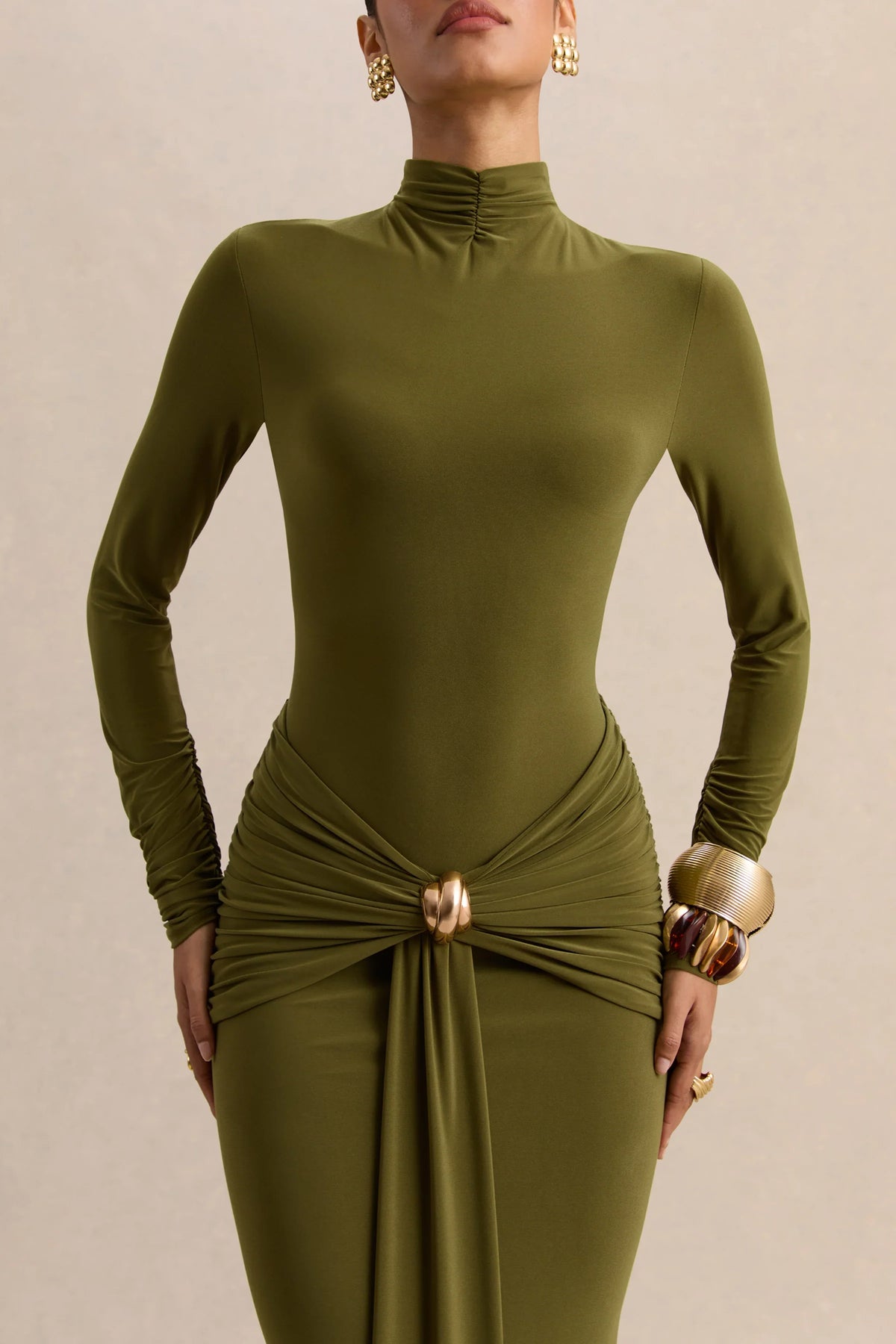 Ambrette Olive High Neck Maxi Dress With Gathered Detailing