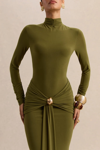 Ambrette Olive High Neck Maxi Dress With Gathered Detailing