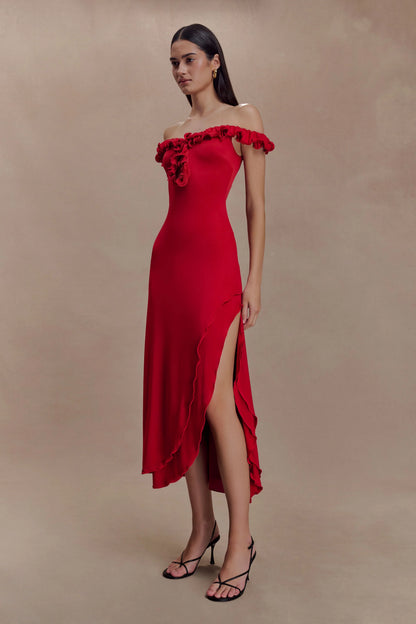 Allegra Off Shoulder Ruffle Midi Dress Ruby