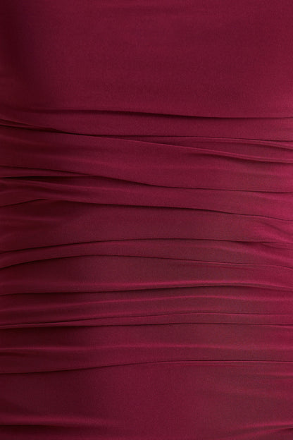 Aniyah Burgundy Slashed Neck Maxi Dress With Ruched Detailing