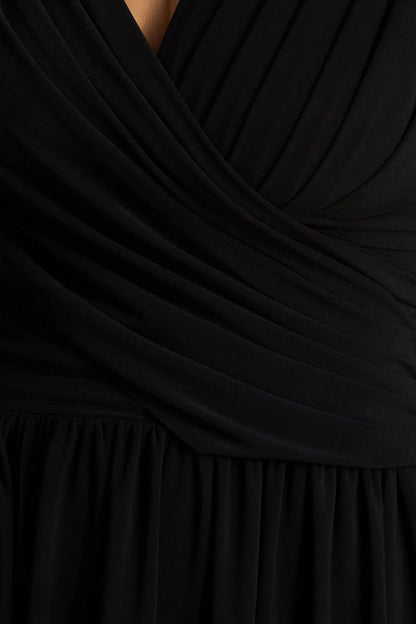 Alexis Black Plunge Neck Midi Dress With Draped And Ruched Detailing