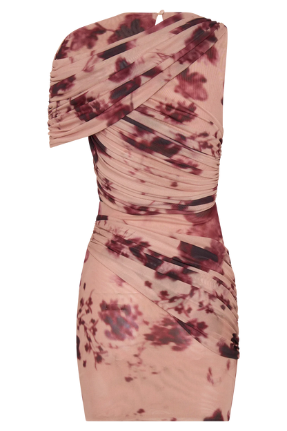 Adrienne One Shoulder Mesh Mini Dress Nude Blurred Floral Print