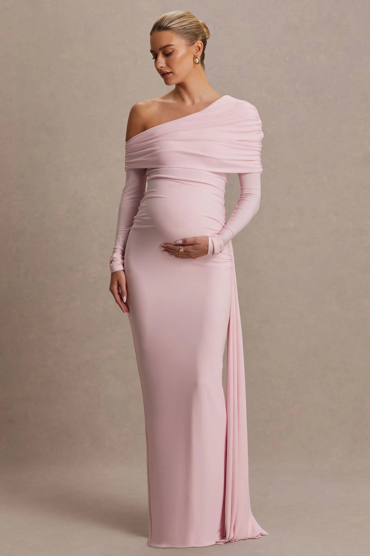 Amara Blush Pink Asymmetric Neck Maternity Maxi Dress With Sash Detail