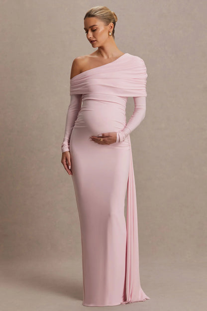 Amara Blush Pink Asymmetric Neck Maternity Maxi Dress With Sash Detail