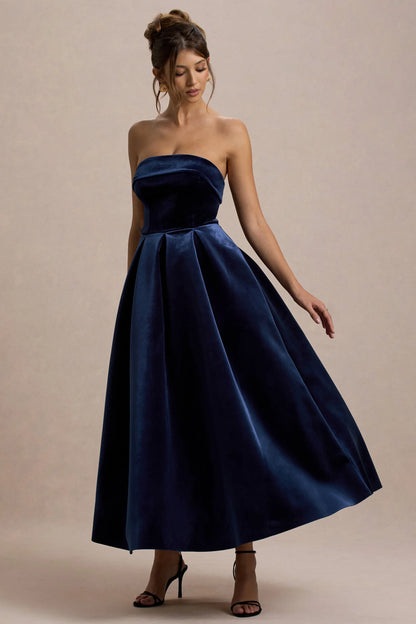 Addina Navy Velvet Bandeau Skater Midi Dress