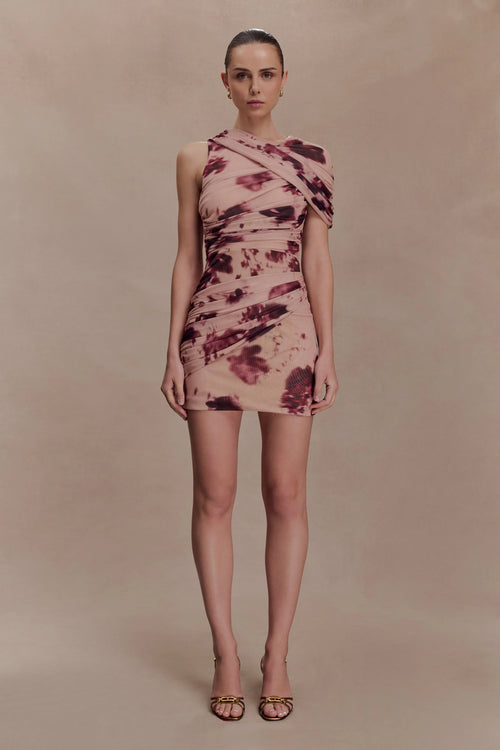 Adrienne One Shoulder Mesh Mini Dress Nude Blurred Floral Print