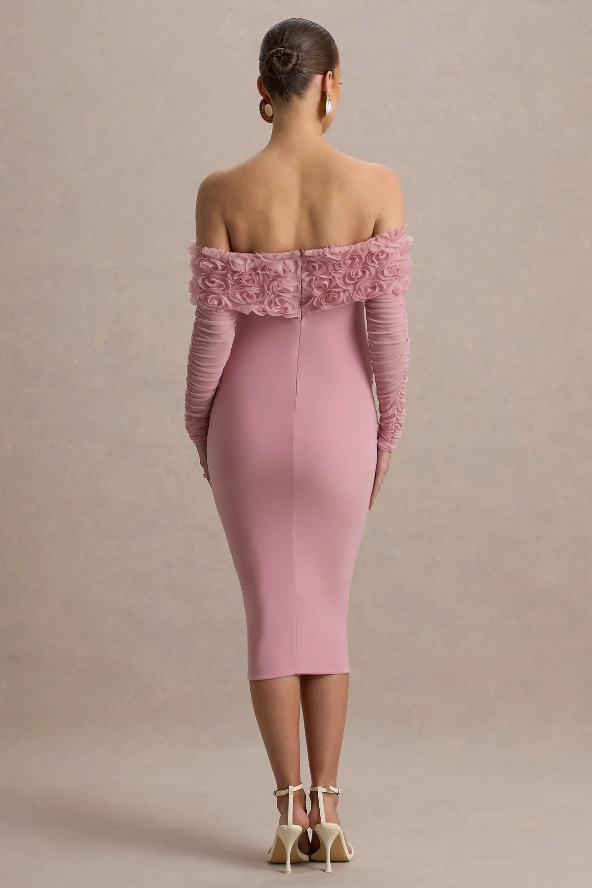 Adita Blush Pink Mesh Floral Bardot Maternity Midi Dress