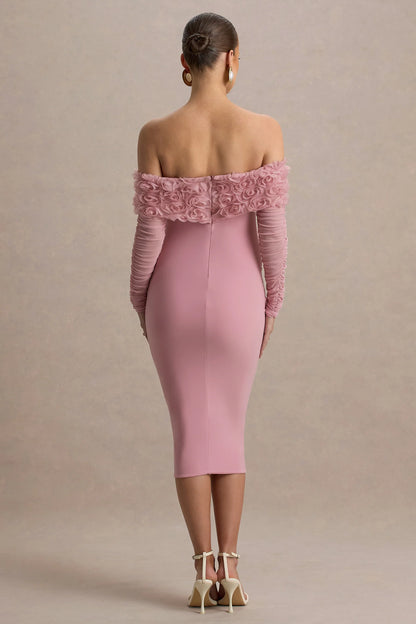 Adita Blush Pink Mesh Floral Bardot Maternity Midi Dress