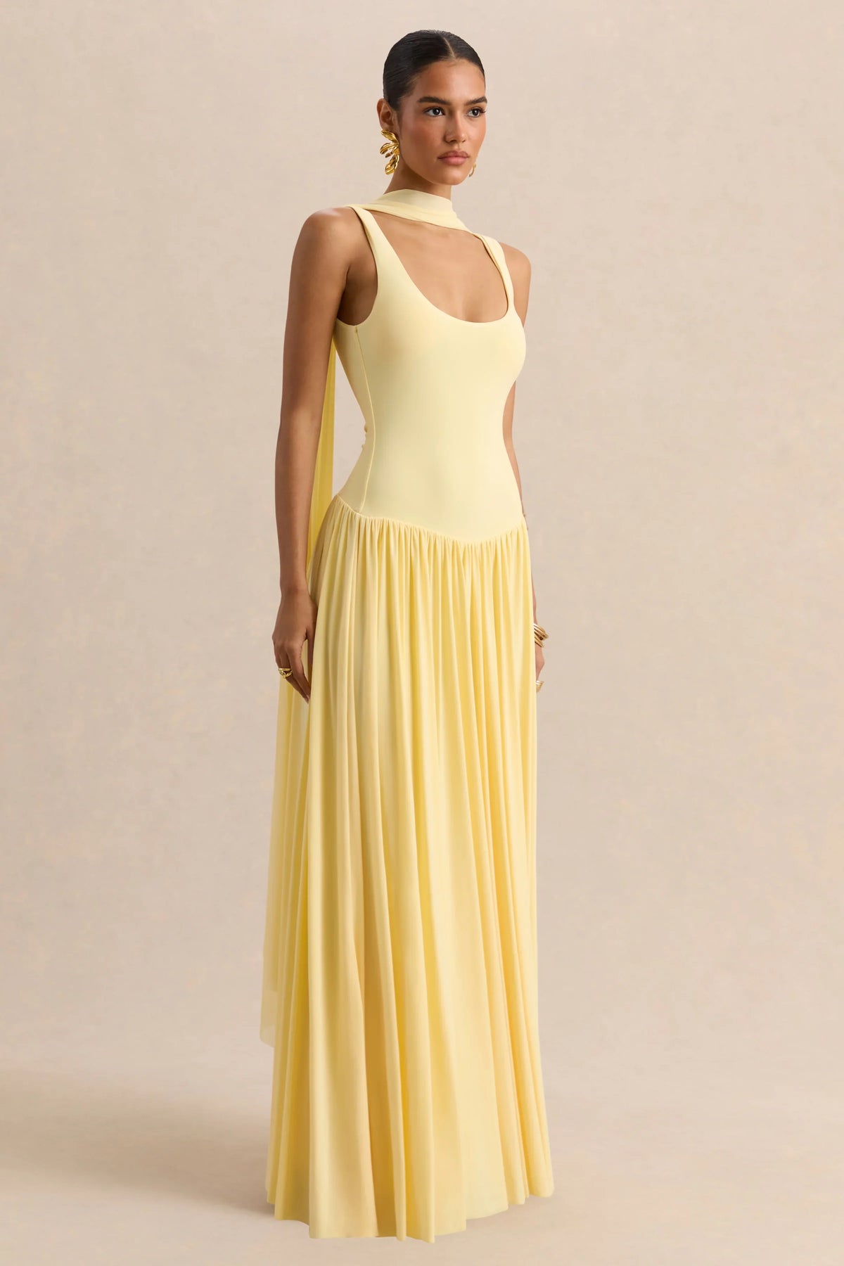 Aurina Lemon Square Neck Maxi Dress With Scarf Detail