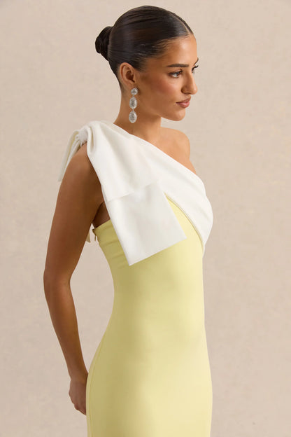 Adara Lemon White Asymmetric Neck Maxi Dress With Bow Detail
